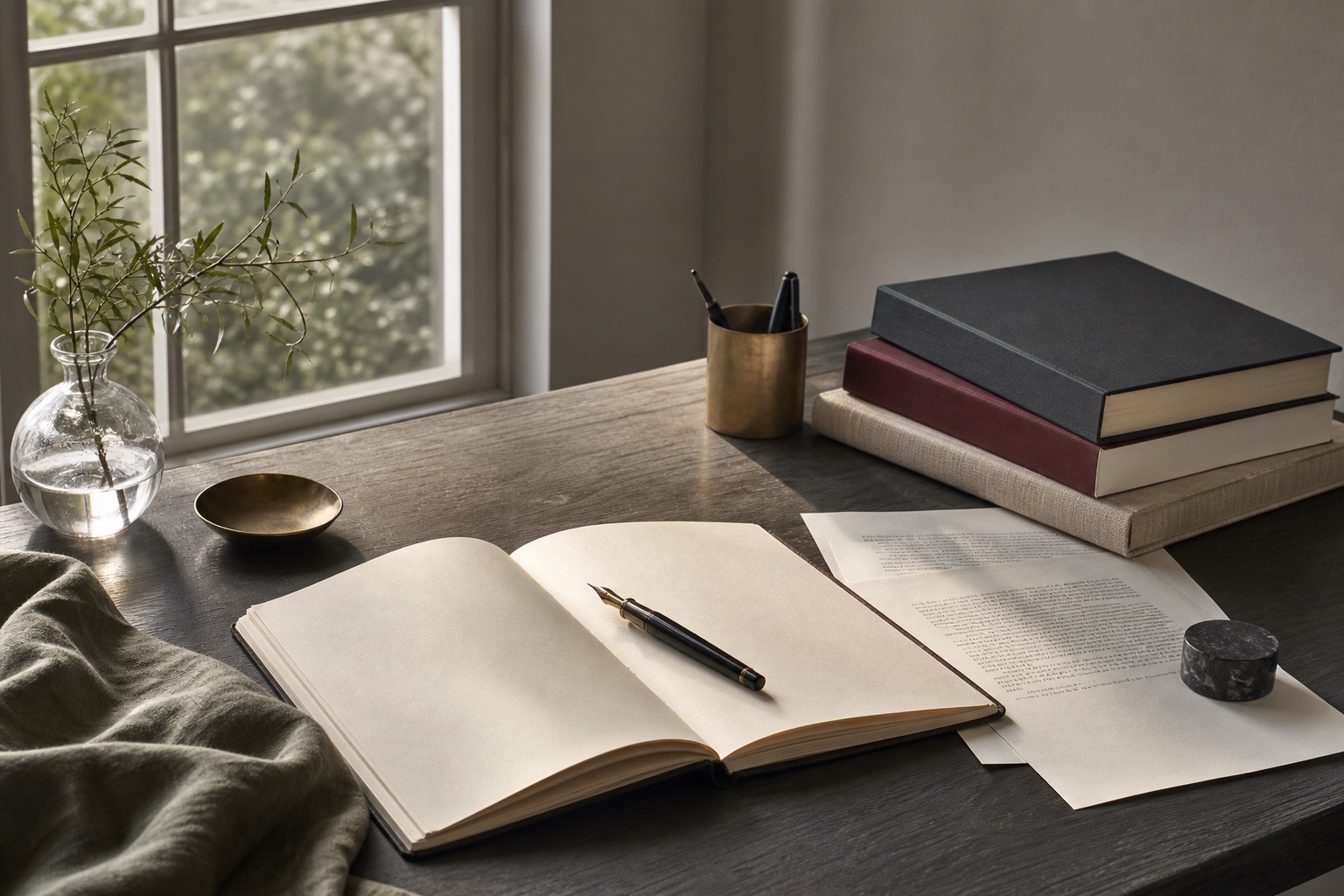 A quiet writing desk with an open notebook, printed pages, books, and a pen.